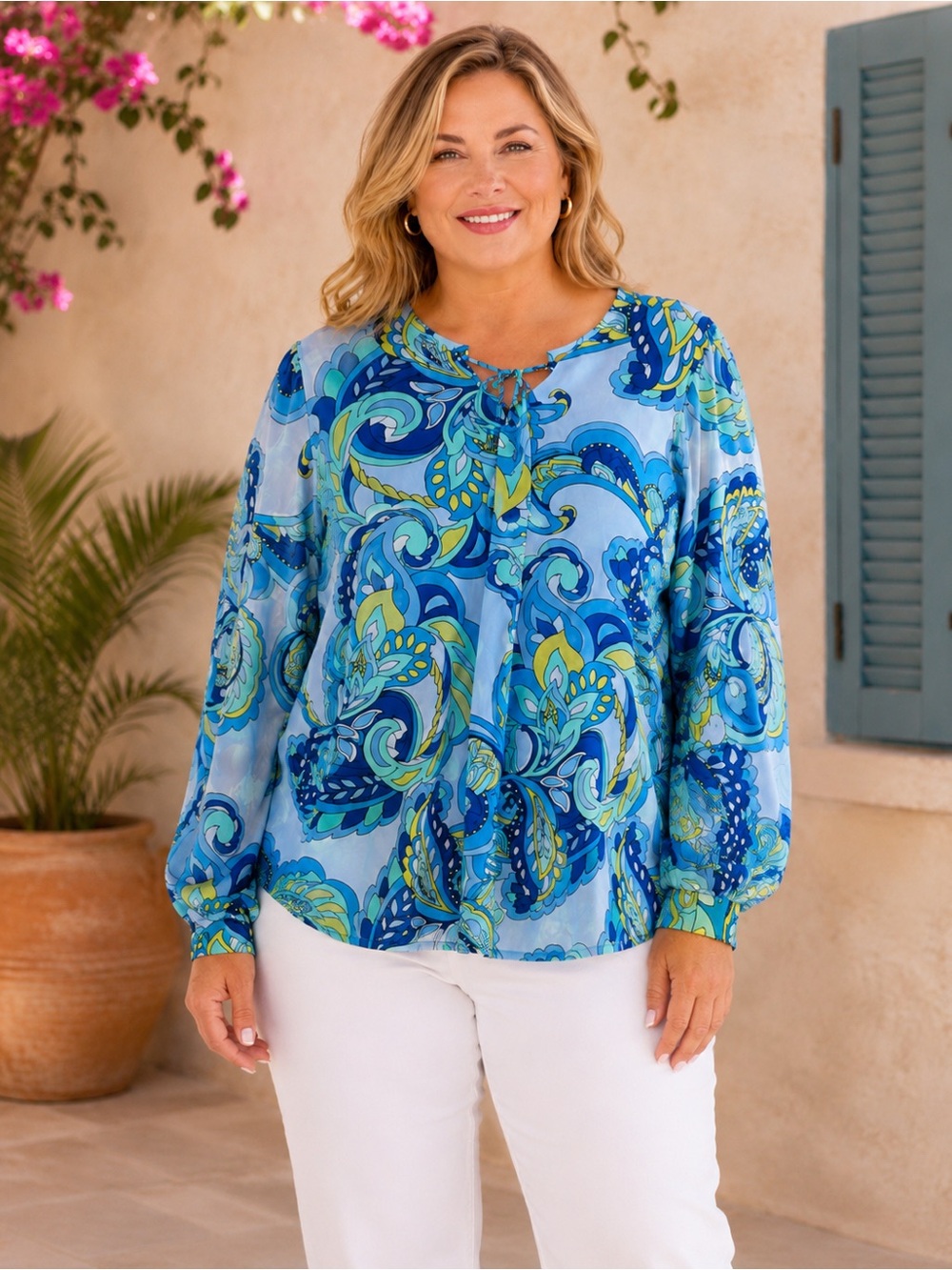Susan Graver Blue & Green Paisley Tie-Neck Blouse